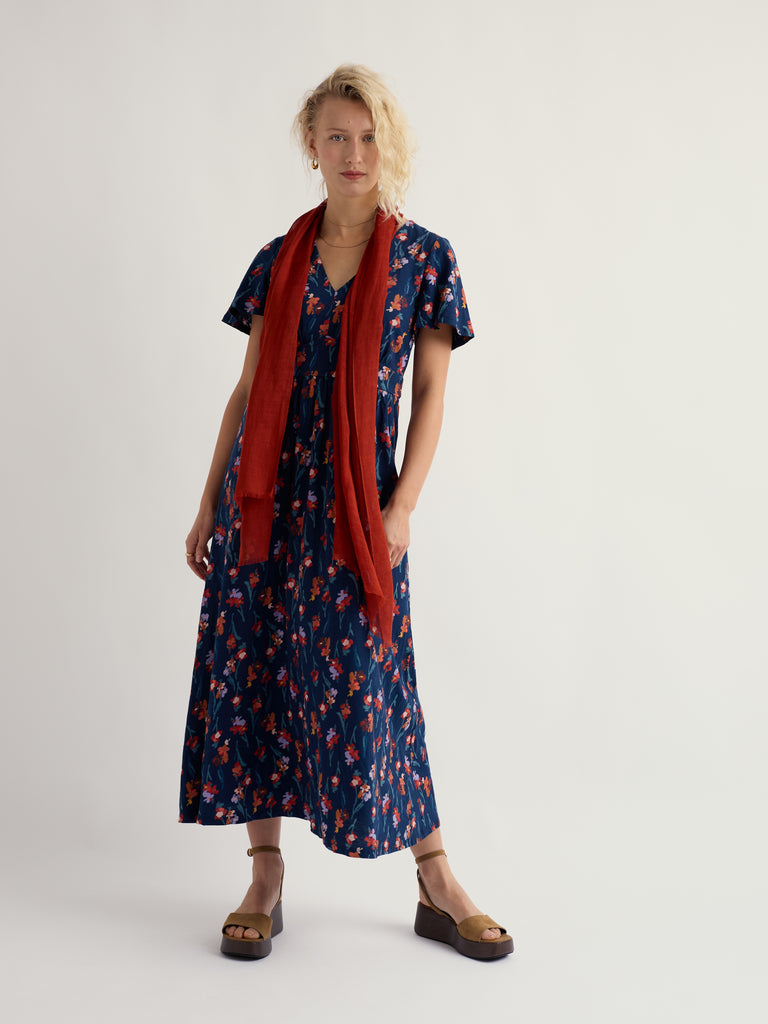 Seasalt Cornwall Chateaux Dress in Snapdragon Sea Cave floral print. Organic cotton jersey maxi dress with empire waist and angel sleeves.