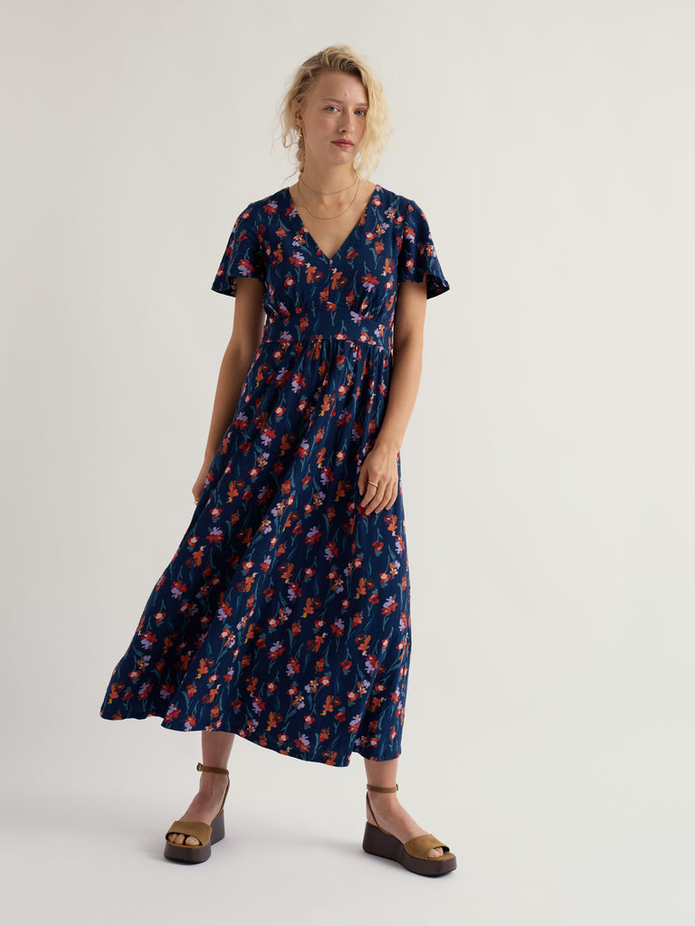 Seasalt Cornwall Chateaux Dress in Snapdragon Sea Cave floral print. Organic cotton jersey maxi dress with empire waist and angel sleeves.