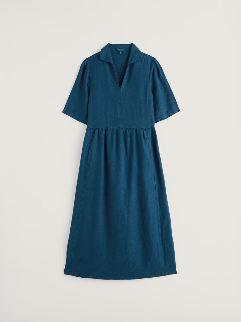 Seasalt Cornwall Fen Violet Dress Ocean Drift blue floral linen midi dress with nautical V-neck collar and in-seam pockets