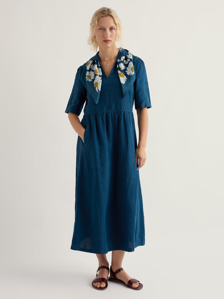 Seasalt Cornwall Fen Violet Dress Ocean Drift blue floral linen midi dress with nautical V-neck collar and in-seam pockets