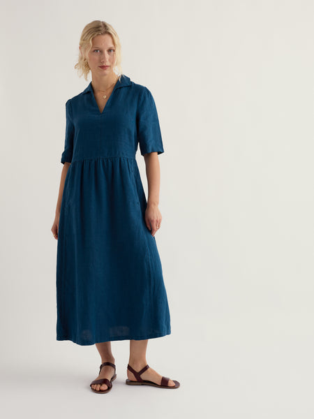 Seasalt Cornwall Fen Violet Dress Ocean Drift blue floral linen midi dress with nautical V-neck collar and in-seam pockets