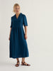 Seasalt Cornwall Fen Violet Dress Ocean Drift blue floral linen midi dress with nautical V-neck collar and in-seam pockets