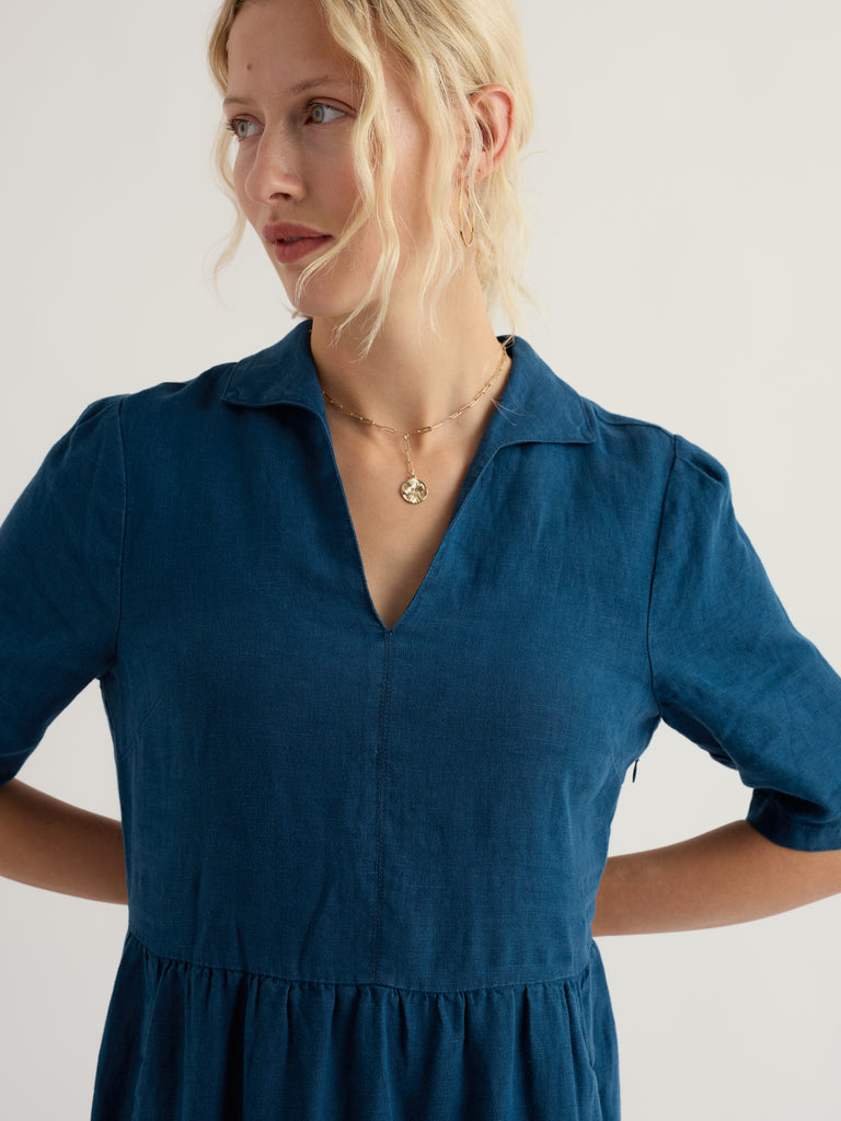 Seasalt Cornwall Fen Violet Dress Ocean Drift blue floral linen midi dress with nautical V-neck collar and in-seam pockets