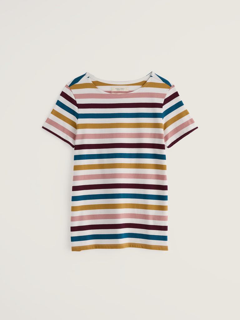 Seasalt Cornwall Sailor T-Shirt Quad Scallion Rosehip striped organic cotton T-shirt flat lay