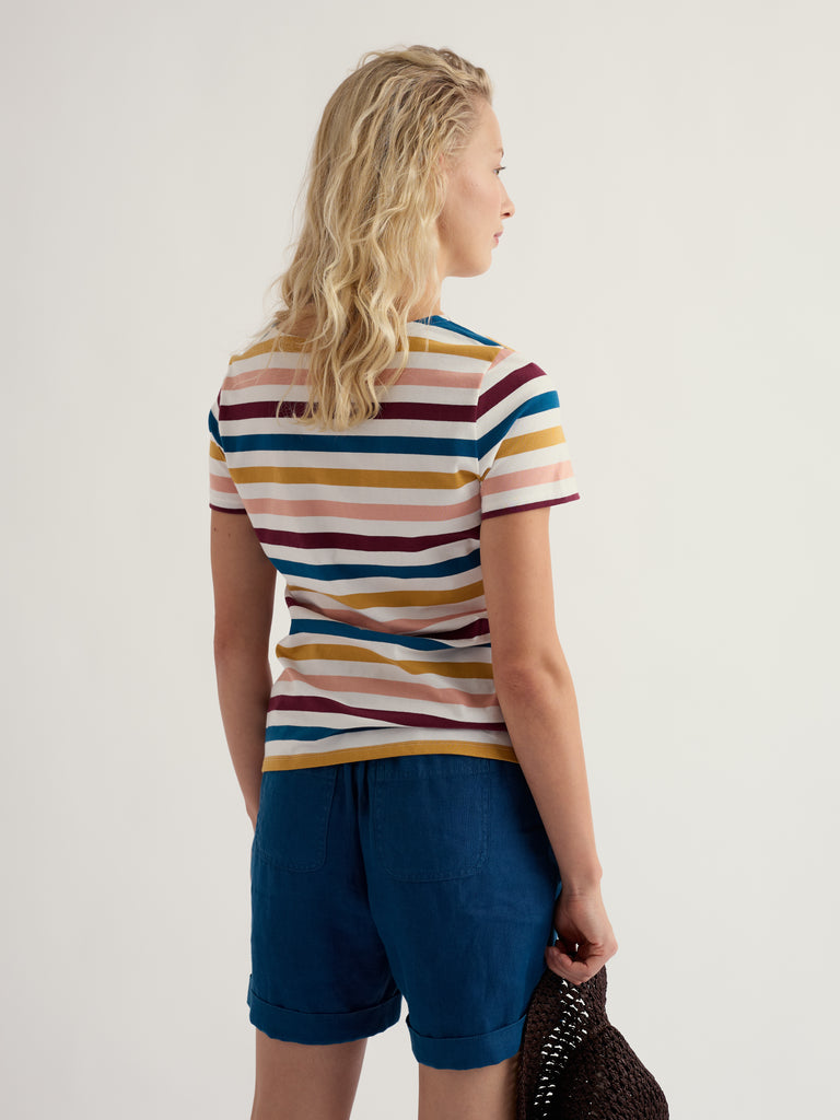 Back view of Seasalt Cornwall Sailor T-Shirt Quad Scallion Rosehip organic cotton striped tee