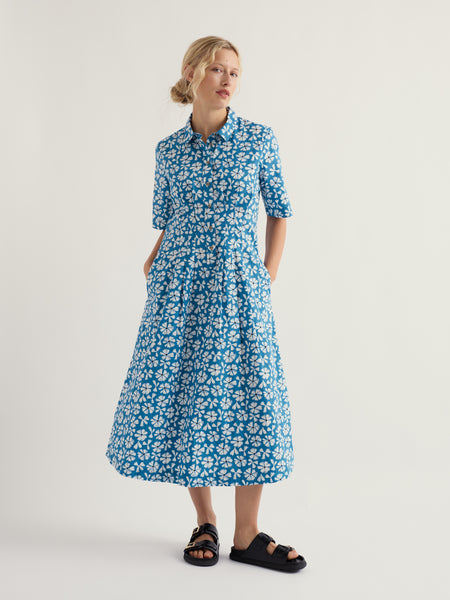 Seasalt Cornwall Wild Liquorice Dress Bold Cornflower Sailboats organic cotton midi shirt dress with collar and button front