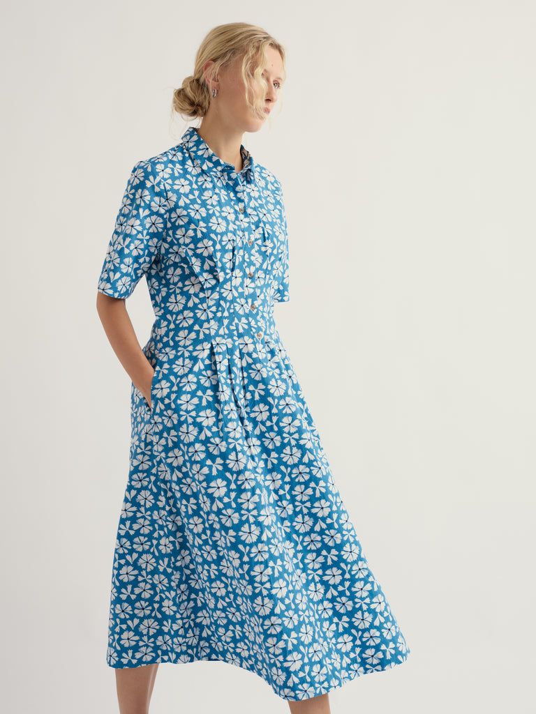 Seasalt Cornwall Wild Liquorice Dress Bold Cornflower Sailboats organic cotton midi shirt dress with collar and button front