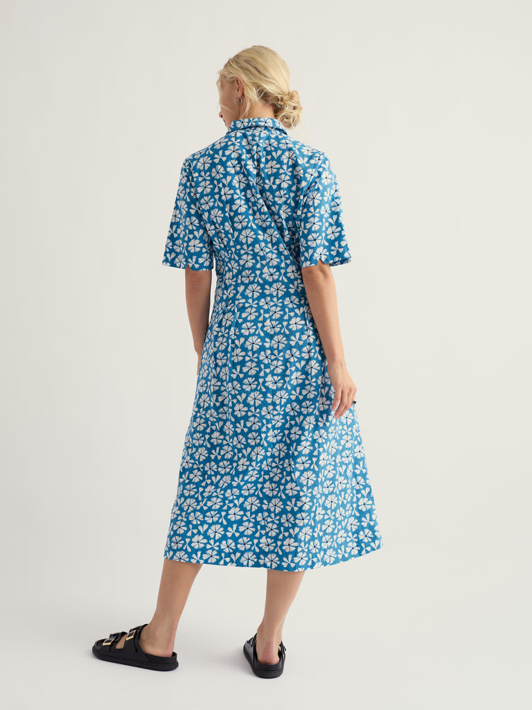 Seasalt Cornwall Wild Liquorice Dress Bold Cornflower Sailboats organic cotton midi shirt dress with collar and button front